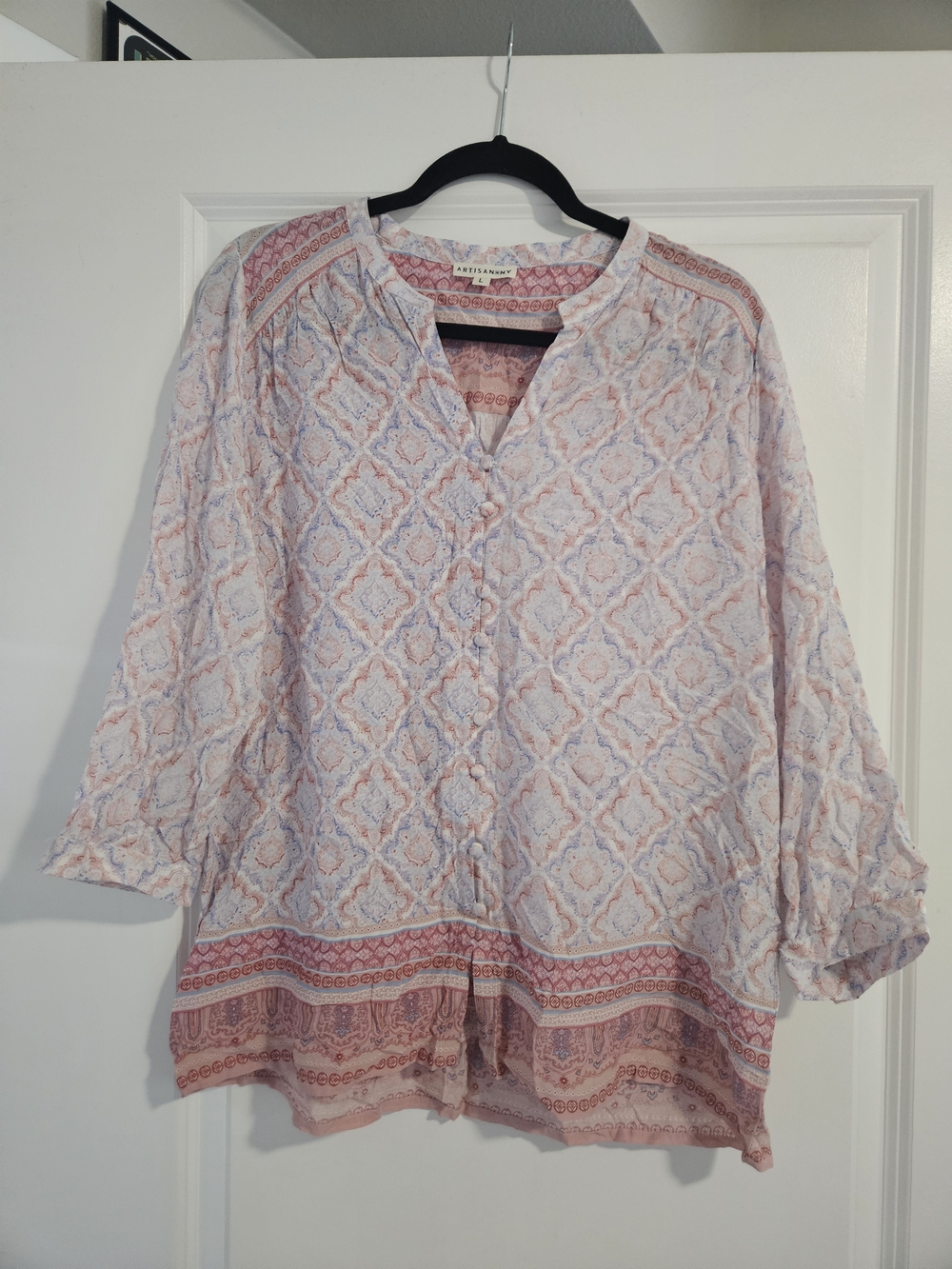 Artisan NY Women's Large Pink Blue Boho Print 100% Rayon Button Front Blouse